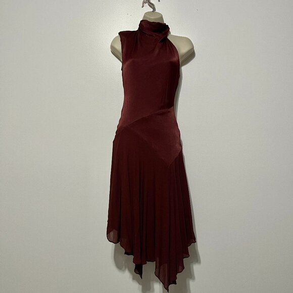 By Anthropologie Womens Asymmetrical Draped Midi Dress Size 2 Maroon Balletcore - Picture 1 of 9